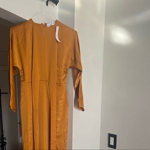 ASOS DESIGN satin maxi dress with batwing sleeve and wrap waist band in mustard